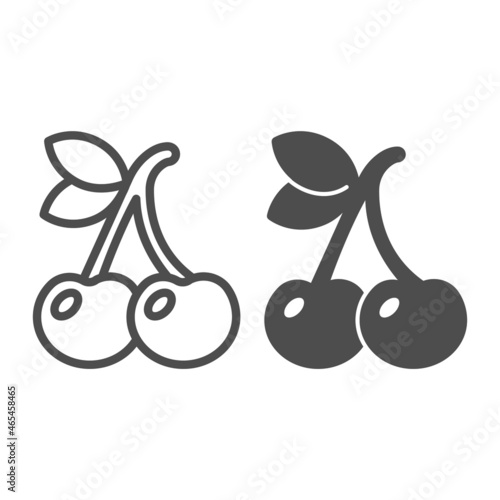 Two cherries with leaves, slot machine line and solid icon, gambling concept, fruit machine vector sign on white background, outline style icon for mobile concept and web design. Vector graphics.