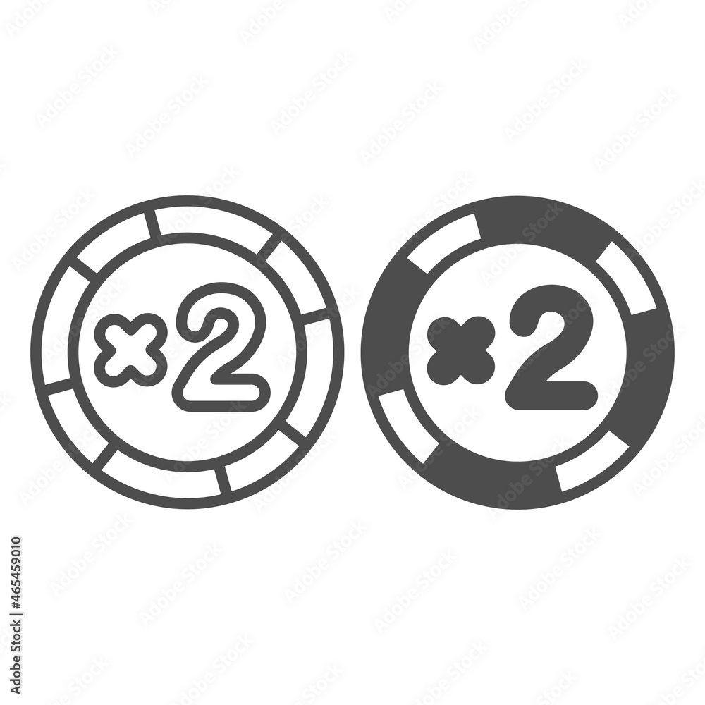 Casino bonus chip, blackjack double bet coin line and solid icon, gamblimg concept, poker token vector sign on white background, outline style icon for mobile concept and web design. Vector graphics. Casino bonus chip, blackjack double bet coin line and solid icon, gamblimg concept, poker token vector sign on white background, outline style icon for mobile concept and web design. Vector graphics.