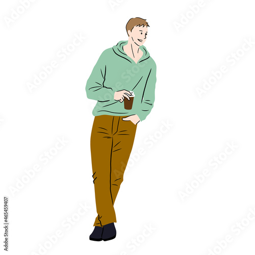 Illustration of a man drinking coffee being held on the counter (white background, vector, cut out)