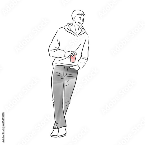 Illustration of a man drinking coffee being held on the counter (white background, vector, cut out)