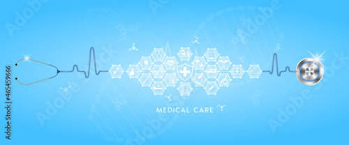 Medical examination diagnostic. Stethoscope and icon medical network connection with modern virtual screen interface, medical technology network concept. On blurred background. Realistic 3D Vector.