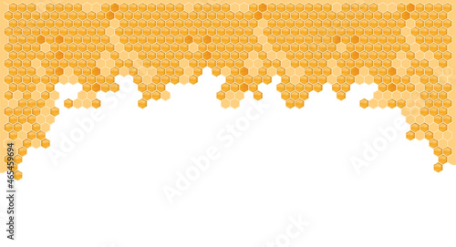 Yellow orange honeycomb background. Beehive with hexagon grid cells. Geometric seamless texture. Realistic 3D vector illustration.