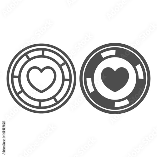 Casino chip with heart sign, poker coin line and solid icon, gamblimg concept, gambling token vector sign on white background, outline style icon for mobile concept and web design. Vector graphics.