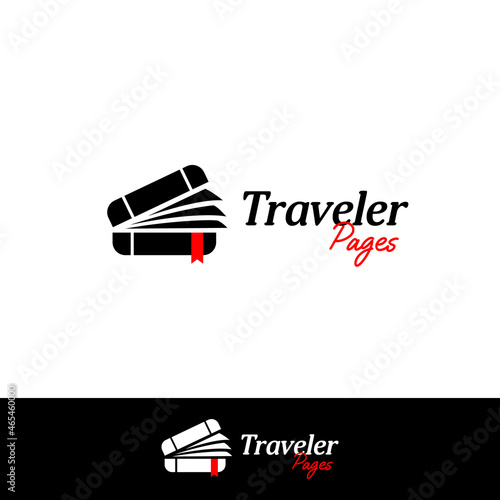 Traveler pages logo, traveler suitcase with many papers page inside logo icon template