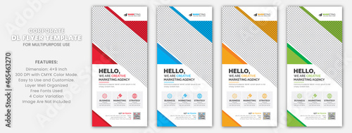 Creative Unique Corporate DL Flyer Rack Card Template Design for Office, Company, and Multipurpose Use with Red, Blue, Yellow, and Green Color Variation