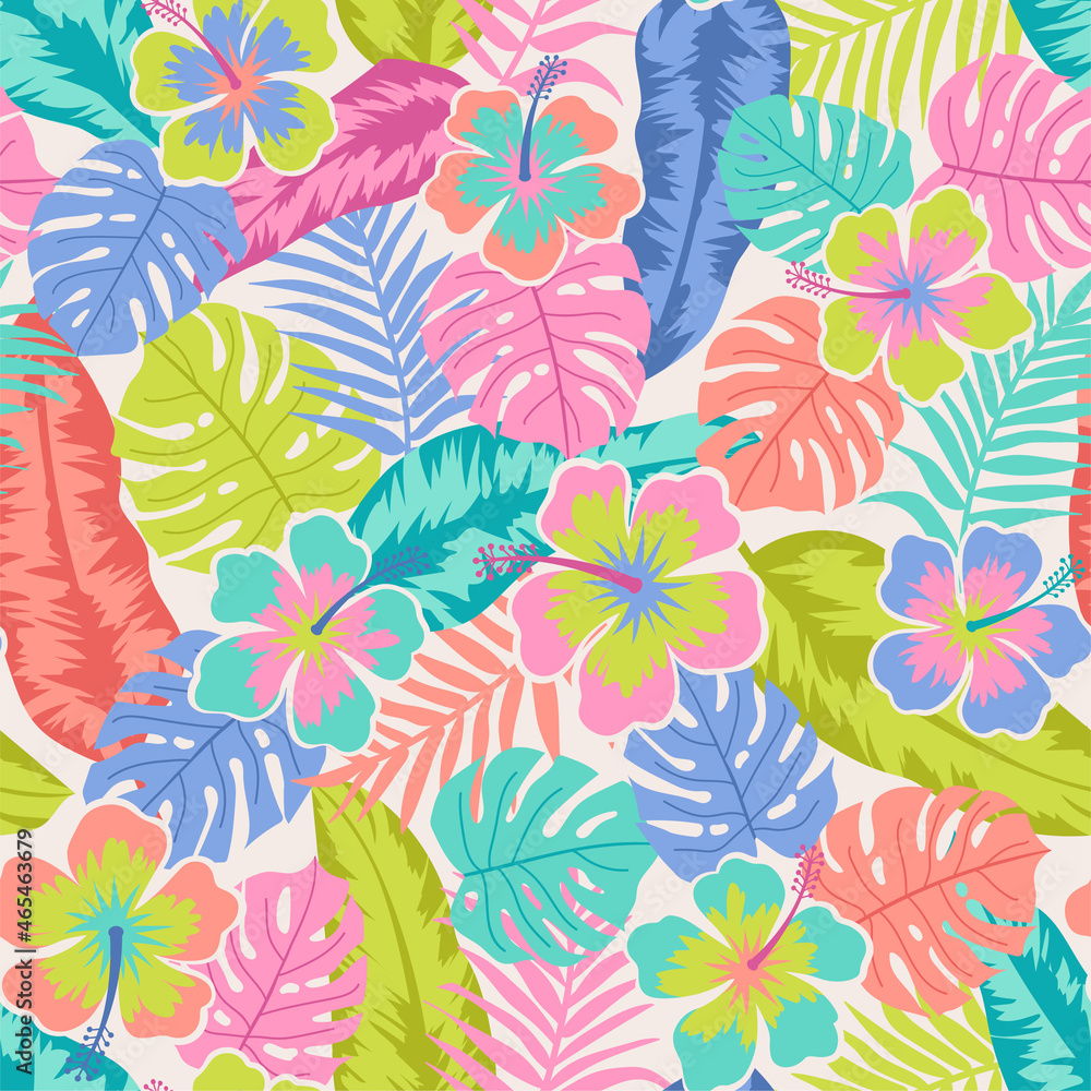 Tropical summer seamless pattern with hibiscus flower and tropical leaf.
