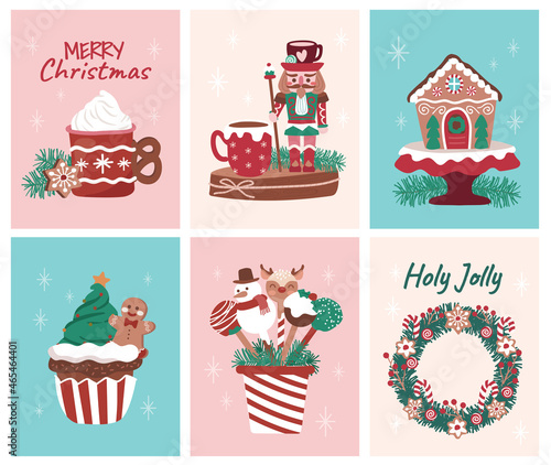 Set of Holiday desserts nutcracker and sweets illustration for cards, media, fabric, and wallpaper