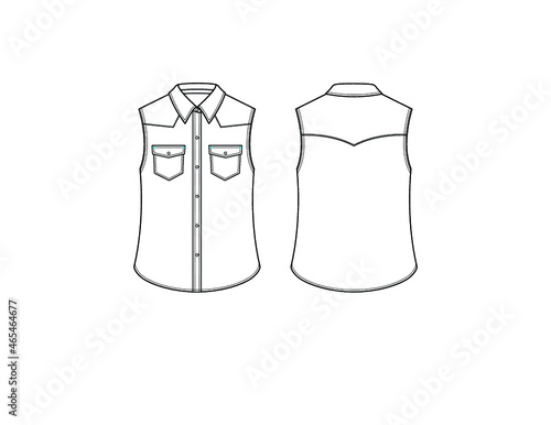Sleeveless woven denim western shirt croquis technical flat sketch vector illustration