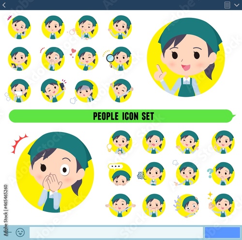 アイコン形式で様々な感情表現をするスーパーマーケット店員女性のセット