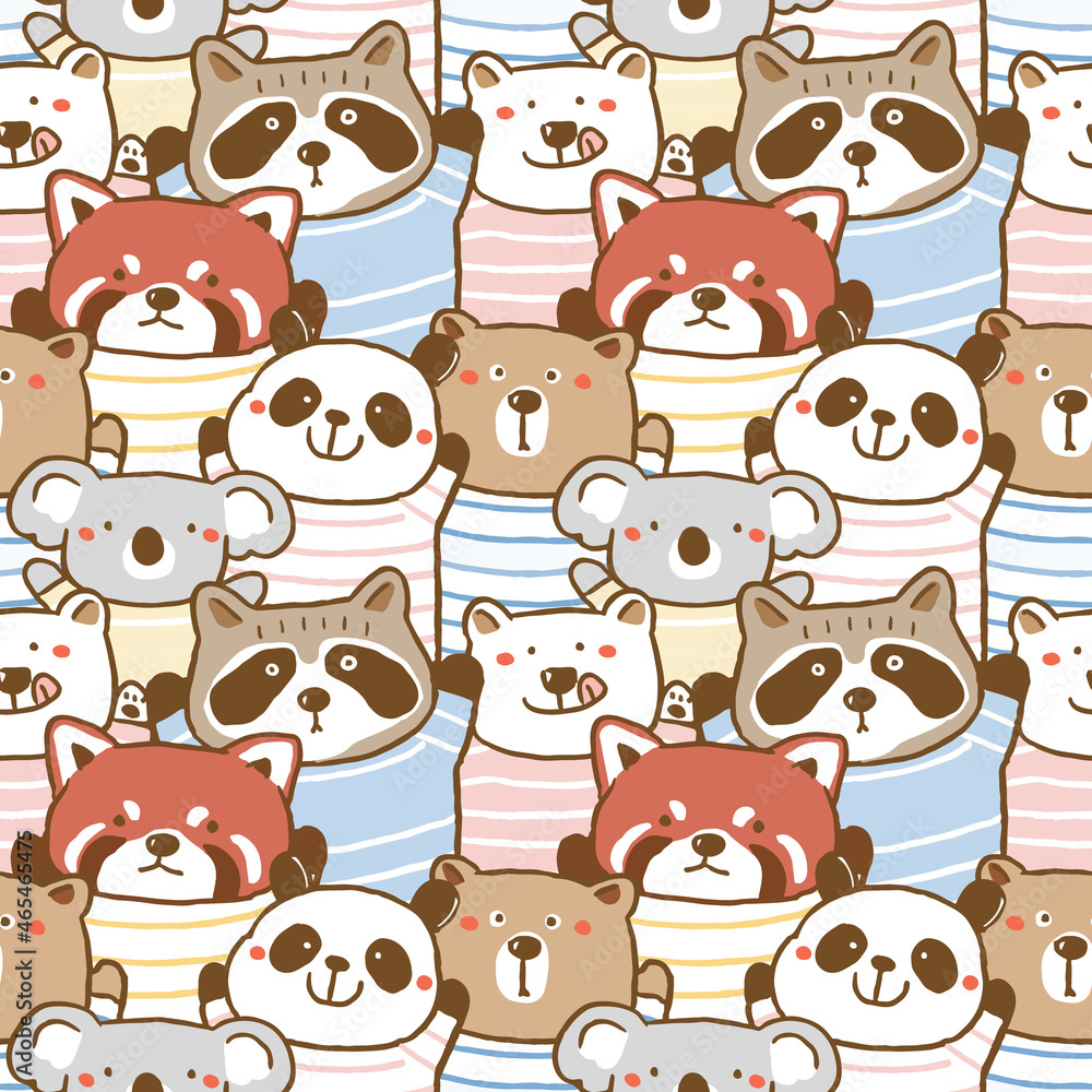 Fototapeta premium Seamless Pattern with Cartoon Bear, Koala, Panda, Red Panda and Raccoon Illustration Design