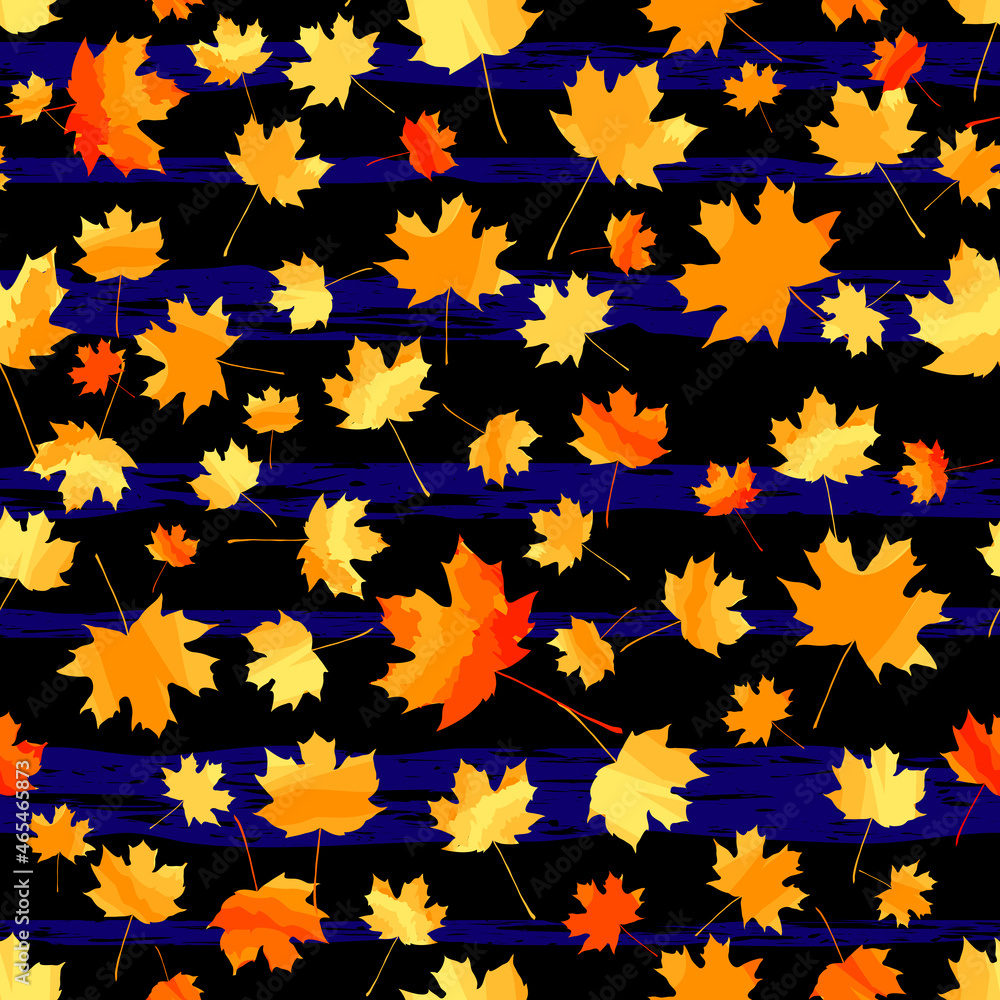 autumn maple leaves on dark repetitive background with stripes. vector seamless pattern. wrapping paper. design template for greeting card, banner, flyer, cover, invitation. modern stylish texture autumn maple leaves on dark repetitive background with stripes. vector seamless pattern. wrapping paper. design template for greeting card, banner, flyer, cover, invitation. modern stylish texture