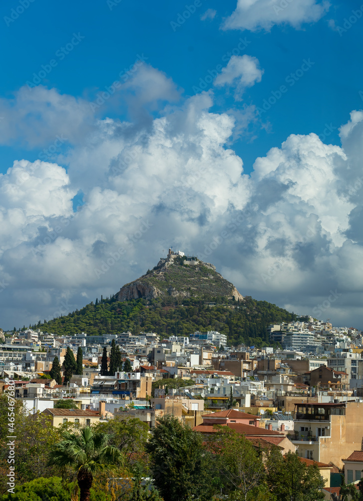 Mount Lycabettus and Church of Agios Georgios Lycabettus and showing the city around the mounten.