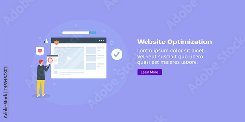 SEO expert, information technologist setting up optimization for website, improving search engine visibility, optimized video content concept. Web banner template with character people.