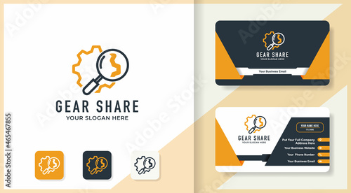 gear magnifying logo design and business card