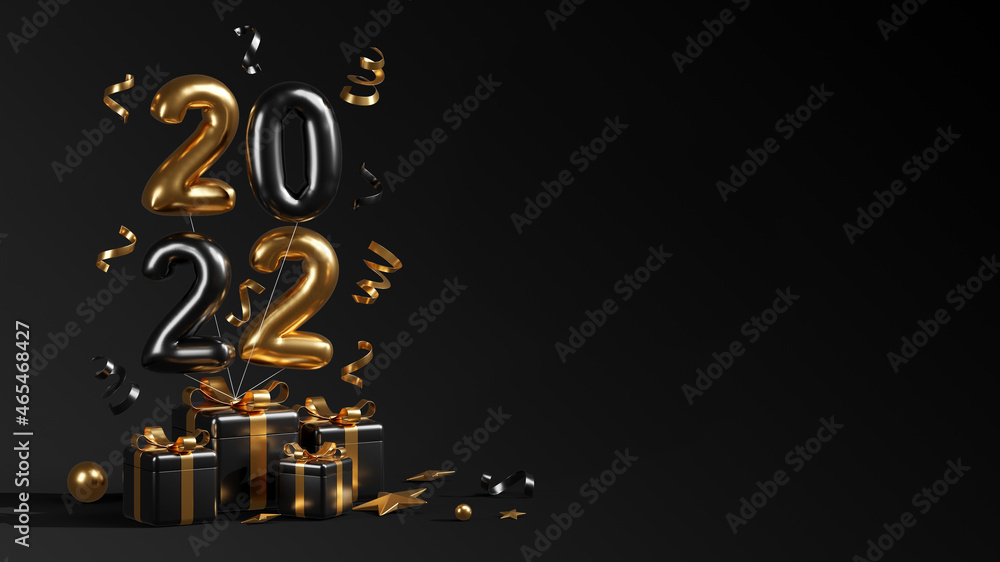 Happy new year 2022 with black gift boxes balloons and confetti 3d render illustrations Happy new year 2022 with black gift boxes balloons and confetti 3d render illustrations