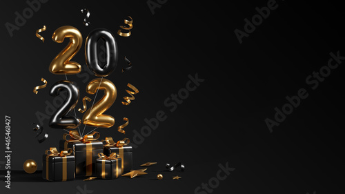 Happy new year 2022 with black gift boxes balloons and confetti 3d render illustrations