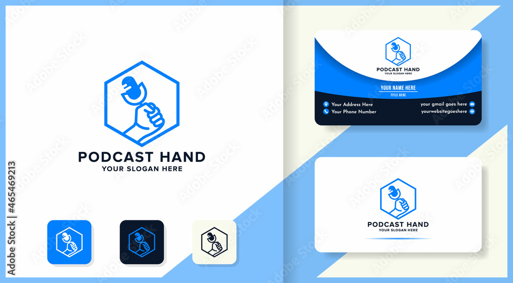 hand podcast logo on hexagon and business card design hand podcast logo on hexagon and business card design