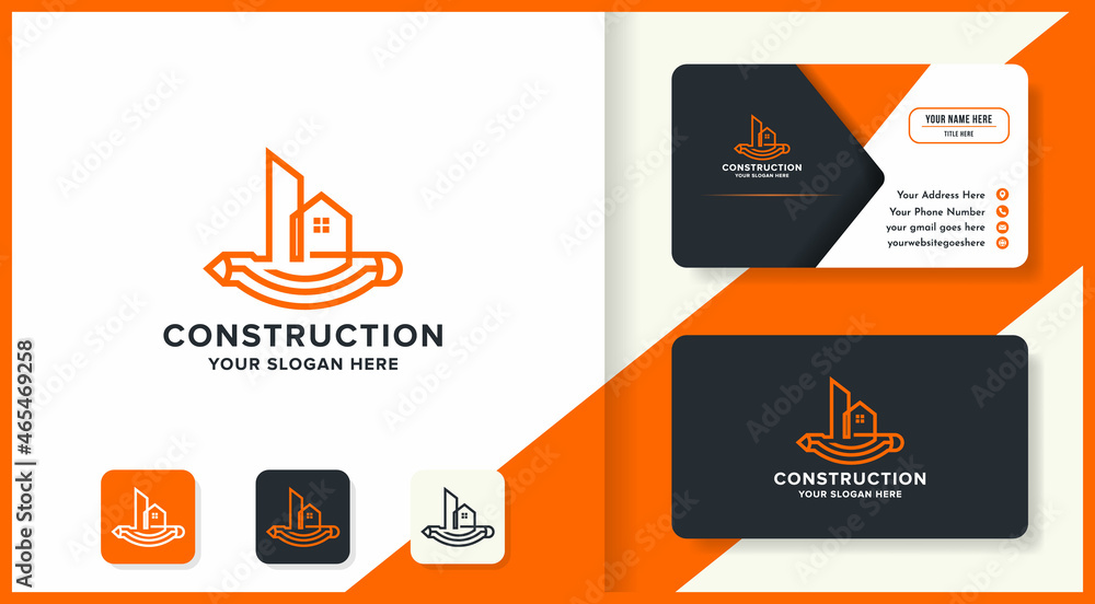 construction sketch logo with pen longitudinally and business card