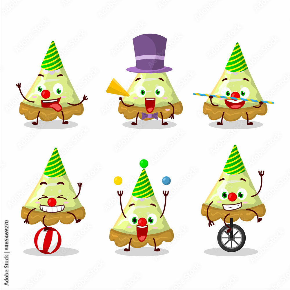 Cartoon character of slice of key lime pie with various circus shows Cartoon character of slice of key lime pie with various circus shows