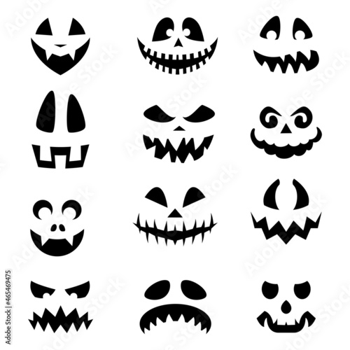 Pumpkin Emojis. Halloween Devil Faces Silhouettes Collection. Spooky Creatures with evil Eyes  Teeth  and Creepy Smiles Set on White Background