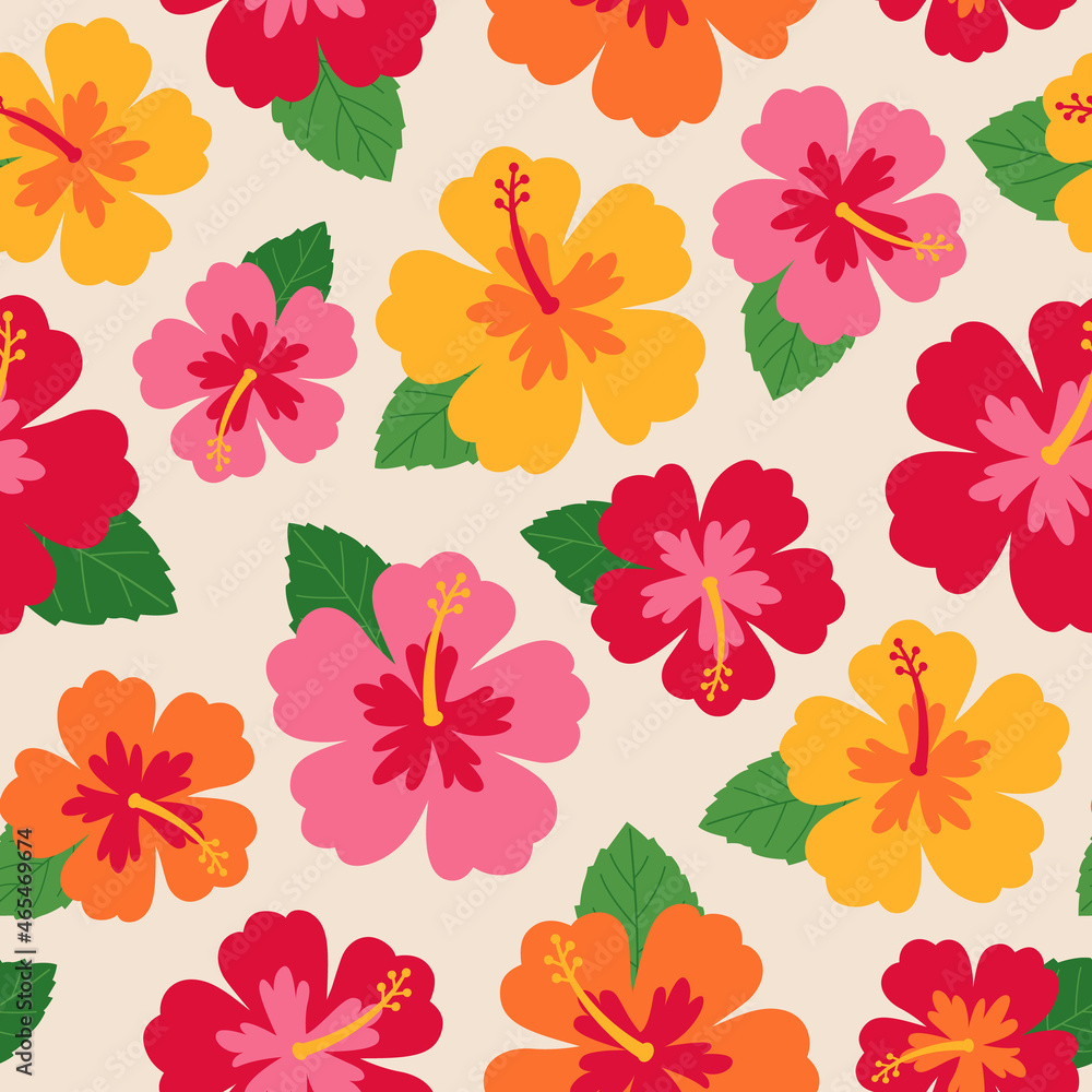 Hibiscus flower vector seamless pattern background.