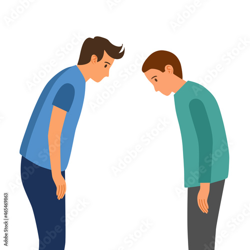 Two guys bowing head and greeting. Thankful or respect expression. Asian as Korean or Japanese polite greeting.