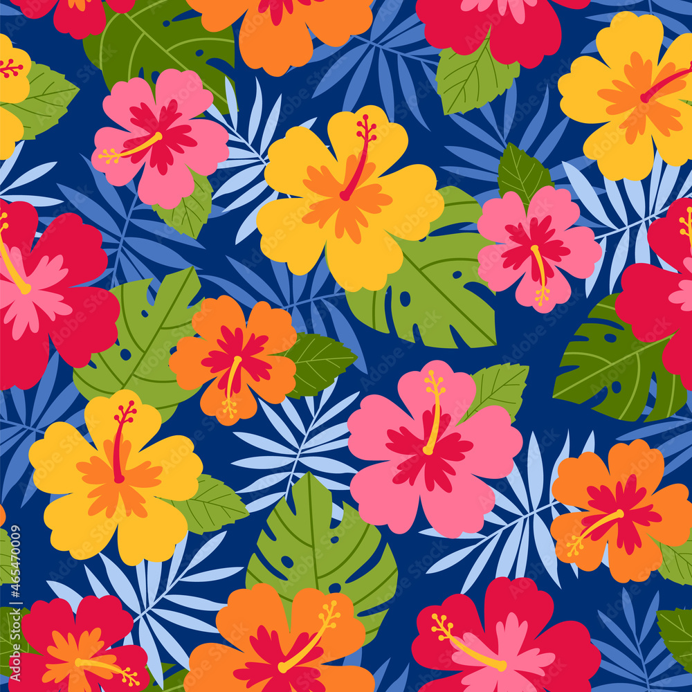 custom made wallpaper toronto digitalHibiscus and tropical leaf vector seamless pattern background.