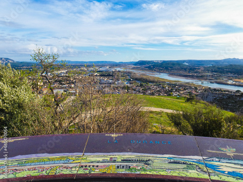 Magnificent landscape on the valley of the Durance from the orientation table located at the top of the hill Saint-Jacques in Cavaillon in the department of Vaucluse in Provence in France 