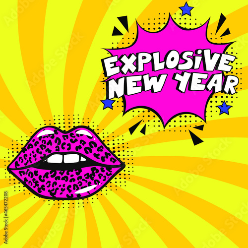 Explosive new year comic text pop art . Stylish colorful retro comic speech bubble. Expression text Explosive new year. Perfect for sales discount banner, poster. Vector Christmas illustration
