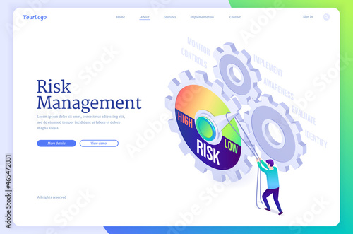 Risk management banner. Concept of analysis business process, finance assessment, minimize crisis and reduce problems. Vector landing page with isometric man and risk meter on gears