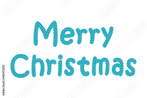 Text "Merry Christmas" with realistic blue knit texture on a white background. Vector illustration.