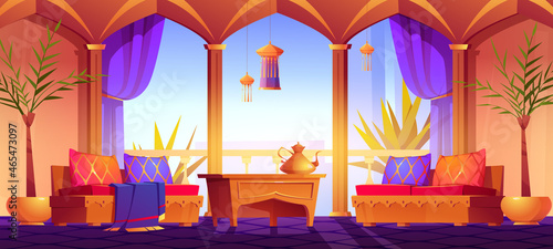 Living room in arabic style with sofas, table, pillows, palm trees and lamps. Vector cartoon interior of arab house with windows, cushions with golden ornament and teapot