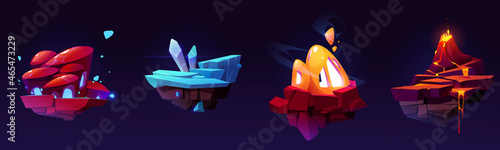 Fantasy flying islands for 2d ui game design. Vector cartoon set of platforms of rock pieces with volcano, lava and magic crystals. Graphic assets for game or mobile app with floating islands