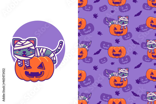 Cute mummy cat and pumpkin happy halloween with seamless pattern
