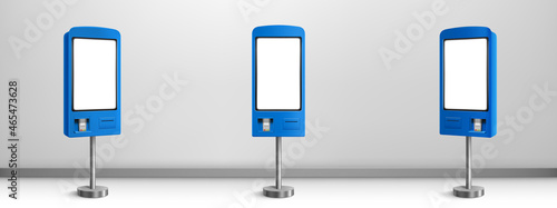 Self payment kiosk, order machine for fast food restaurant, cafe, market and store. Vector realistic 3d mockup of self service interactive terminal for electronic pay in front and angle view