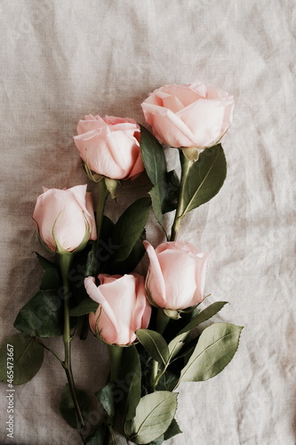 Pink roses  bouquet on beige linen texture  top view, copy space. Flowers bac...