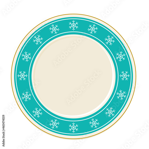Empty blue with snowflakes vector plate in cartoon style top view. Tableware design elements