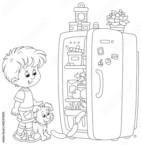 Little boy and his merry puppy looking curiously into a home fridge with foods and going to filch something tasty, black and white outline vector cartoon illustration for a coloring book page