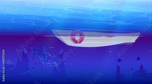 Underwater sea landscape with school of fish and boat. Vector cartoon illustration of bottom view to water surface of ocean, lake or river and white ship or yacht with lifebuoy