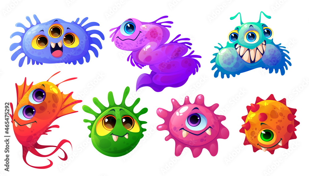 Cute bacteria, germ and virus characters isolated on white background. Vector cartoon set of funny bacterium, microorganism and biology cell with flagella and faces Cute bacteria, germ and virus characters isolated on white background. Vector cartoon set of funny bacterium, microorganism and biology cell with flagella and faces