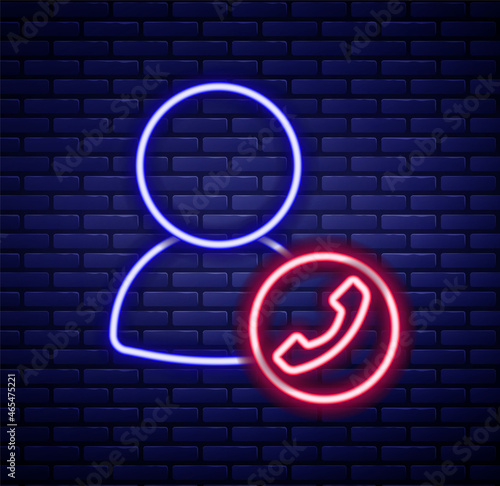 Glowing neon line Video chat conference icon isolated on brick wall background. Online meeting work form home. Remote project management. Colorful outline concept. Vector