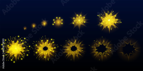 Game fireworks, yellow explode effect burst sprites for animation. User interface ui or gui elements for videogame, computer or web design. Salute sparkle explosion frames, Cartoon vector illustration