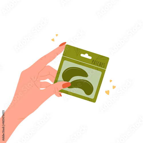 Skin care concept. Female hand holds eye patches. Morning routine. Face cleansing and moisturizer. Hand drawn beauty product. Vector illustration in flat cartoon style.