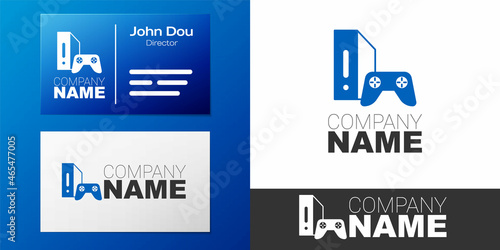 Logotype Video game console with joystick icon isolated on white background. Logo design template element. Vector