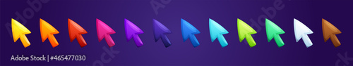 Colorful arrows, mouse cursors for computer game and ui design. Vector cartoon set of glossy pointers, cute arrow buttons and icons for user interface isolated on blue background