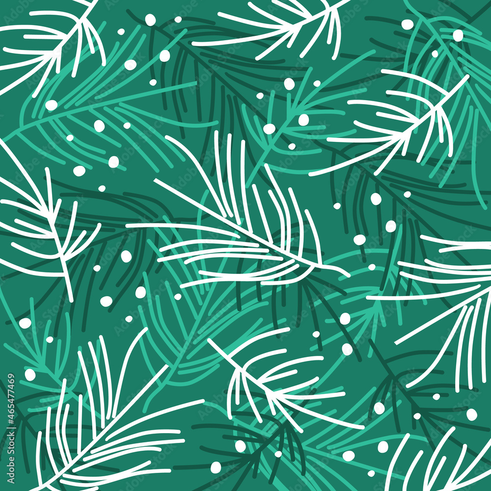 Stylized fir branches and snow flakes on a green background. Abstract new year pattern.