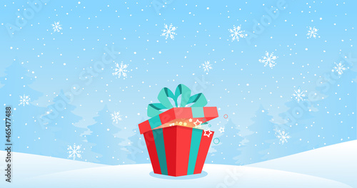 Winter banner with copy space. Red gift box on a background of a winter landscape with snowflakes, Merry Christmas. Flat cartoon vector illustration.