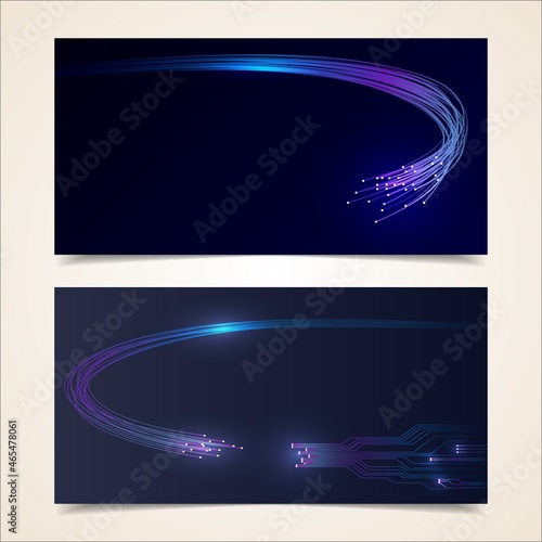 A set of digital technology banners. Optical fiber of digital information. Vector illustration of optical rays with a stream of information on a blue background.