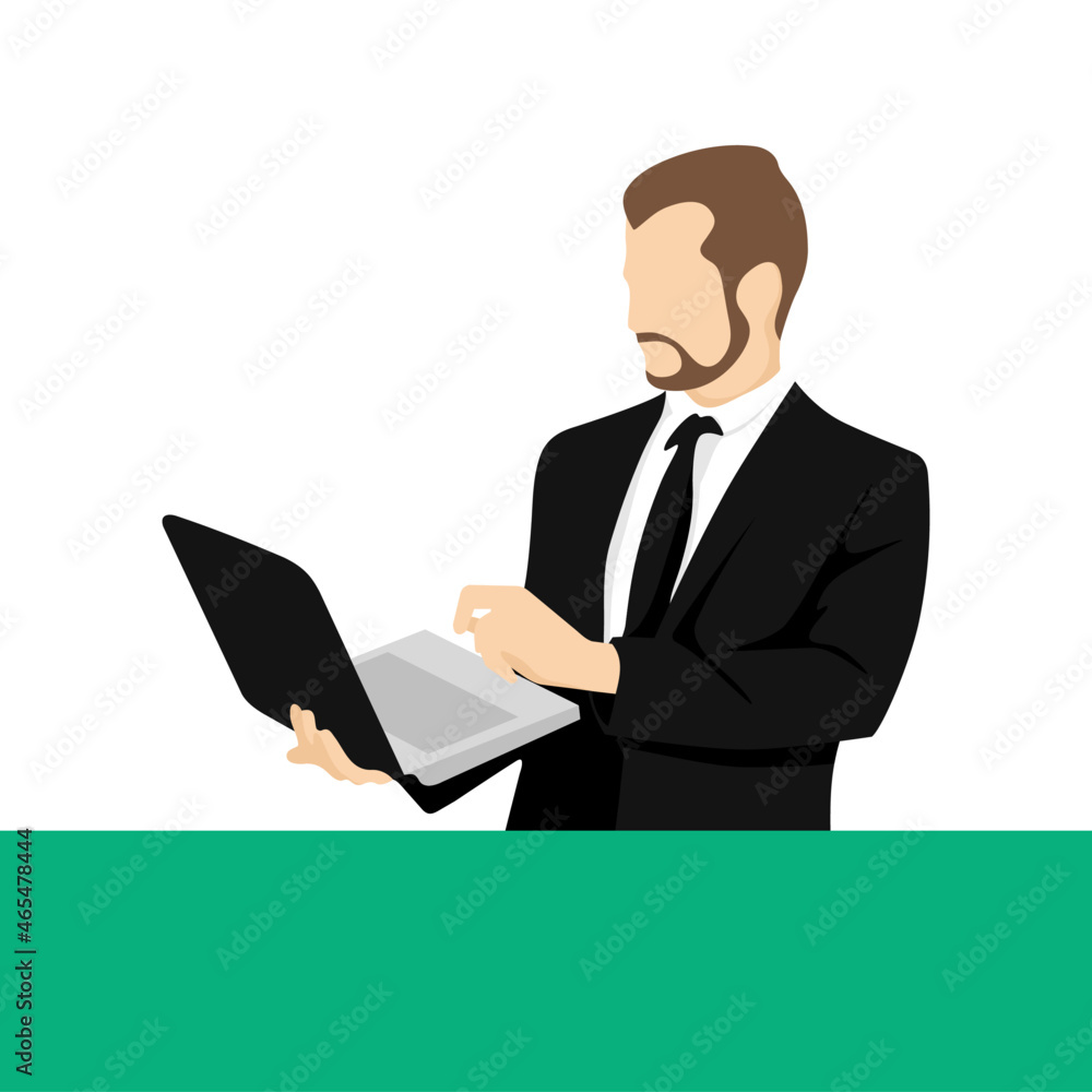 Businessman on a computer. Laptop IT technician. Suit man checking email. Character Vector illustration. Businessman on a computer. Laptop IT technician. Suit man checking email. Character Vector illustration.