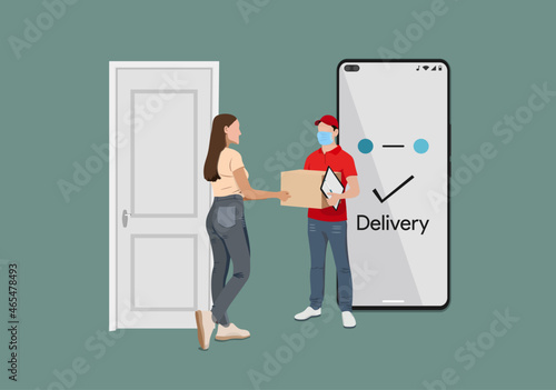 Home delivery advertising flyer. Online order package handover person. Covid safety measures. Mobile phone payment. Character Vector illustration.